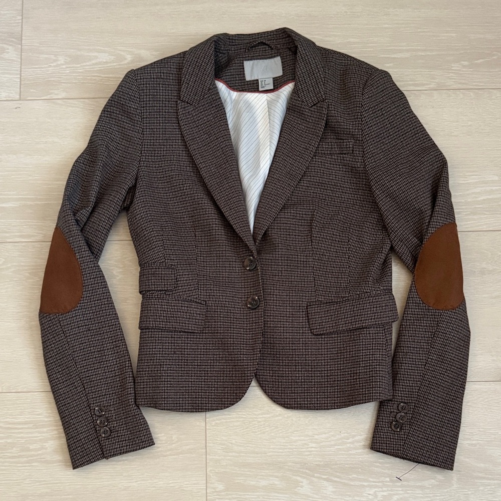 34. H&M Brown Checkered Blazer with Elbow Patches